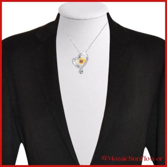 NEW Silver Stylized Heart with Sunflower Gold Petals and Amber Crystals Necklace - Picture 5 of 8